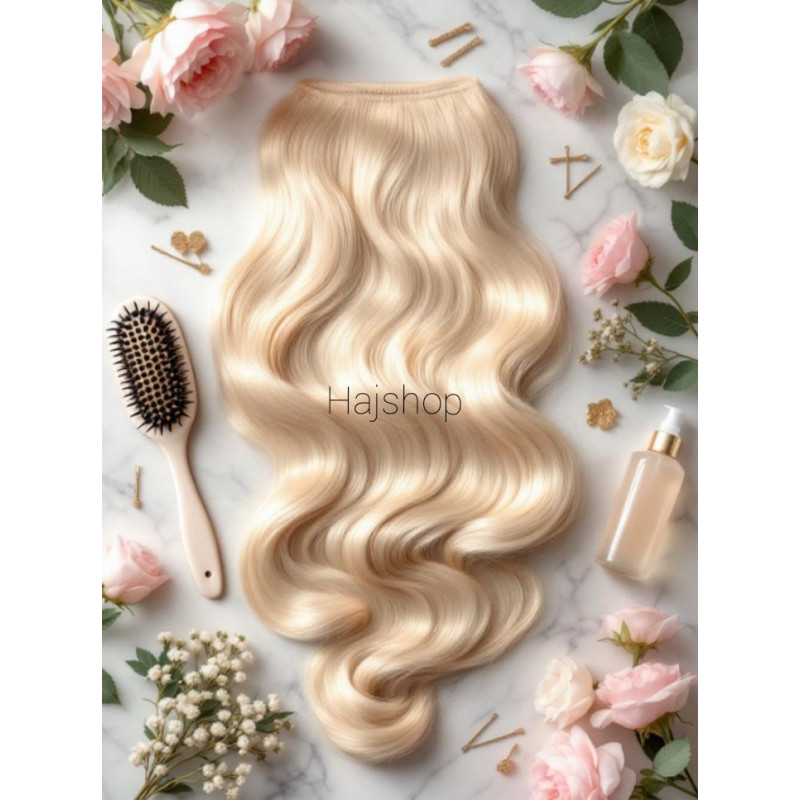 Csatos 100% emberi hullámos póthaj, platinaszőke 50cm