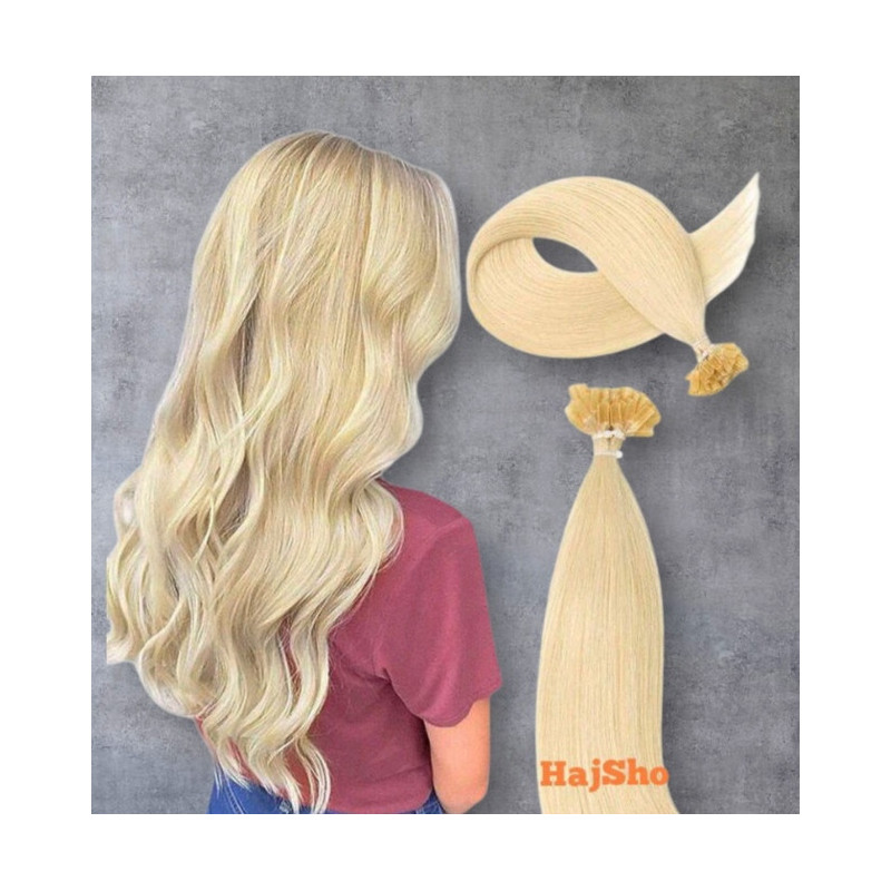 Keratinos emberi  póthaj I-TIP mikrogyűrűzéshez, platinaszőke 50cm  Keratinos emberi  póthaj I-TIP mikrogyűrűzéshez, platinaszőke 50cm