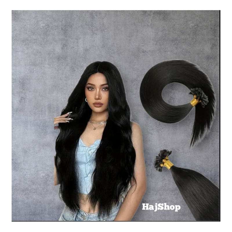 Keratinos emberi póthaj U-tip hőillesztéshez, fekete 60cm Keratinos emberi póthaj U-tip hőillesztéshez, fekete 60cm