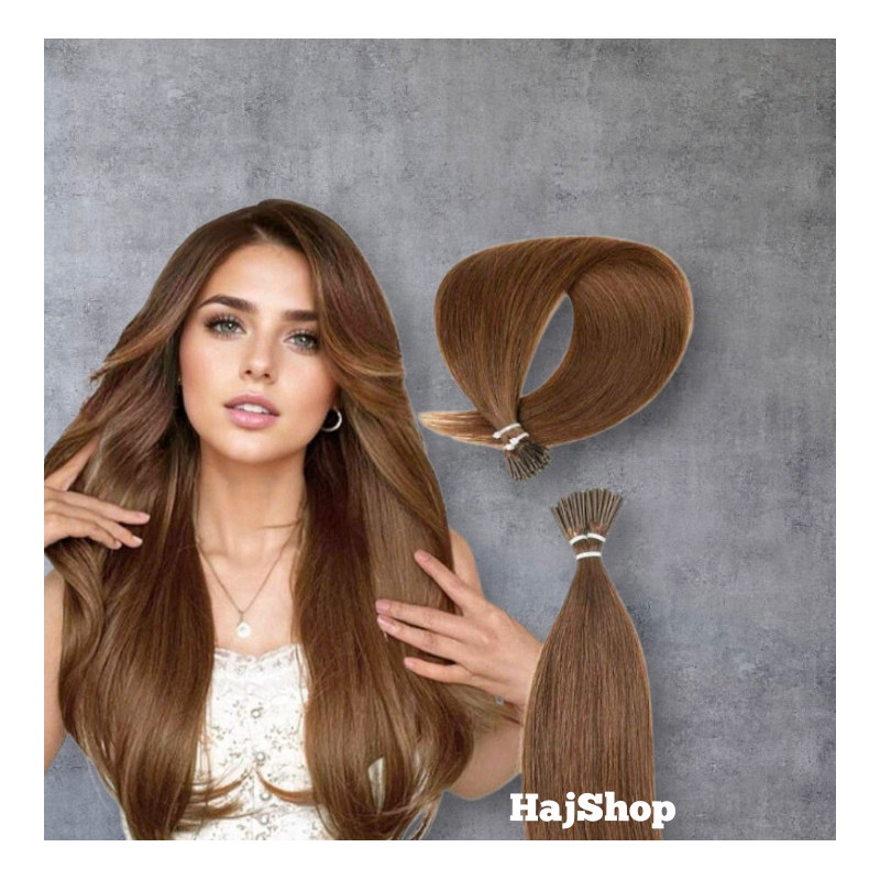 Keratinos emberi póthaj I-TIP mikrogyűrűzéshez, középbarna 50cm  Keratinos emberi póthaj I-TIP mikrogyűrűzéshez, középbarna 50cm