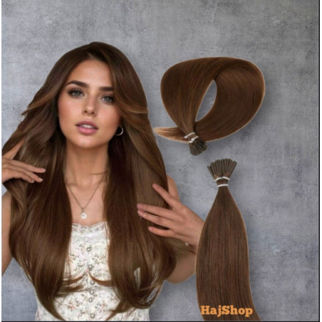 Keratinos emberi póthaj I-TIP mikrogyűrűzéshez, sötétbarna 50cm 