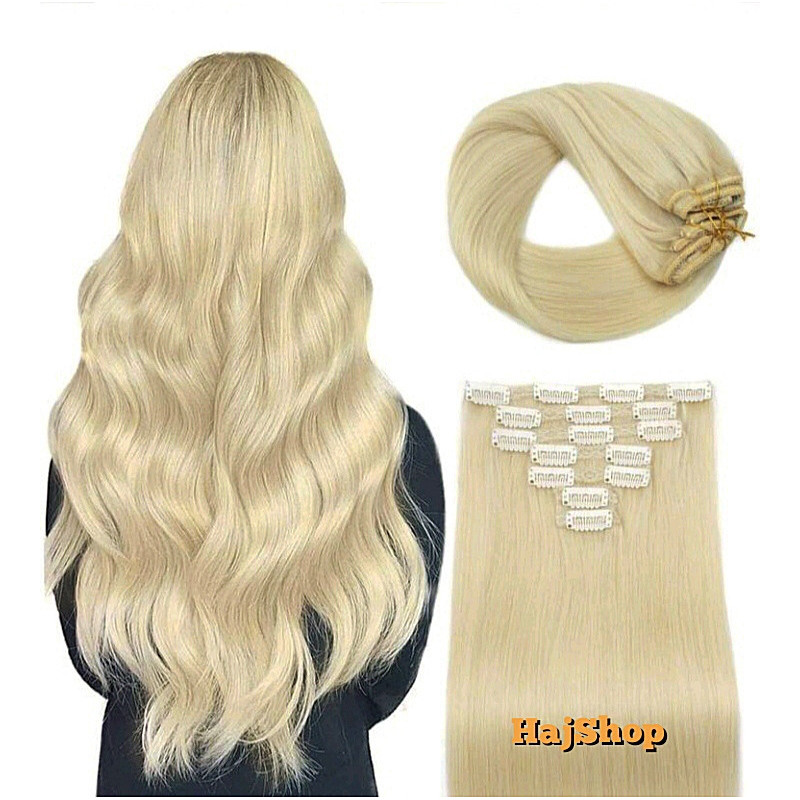 Csatos  emberi póthaj, hamvas platinaszőke 60cm