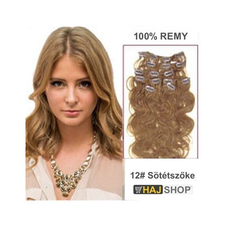 Csatos 100% emberi hullámos póthaj, sötétszőke 50cm 